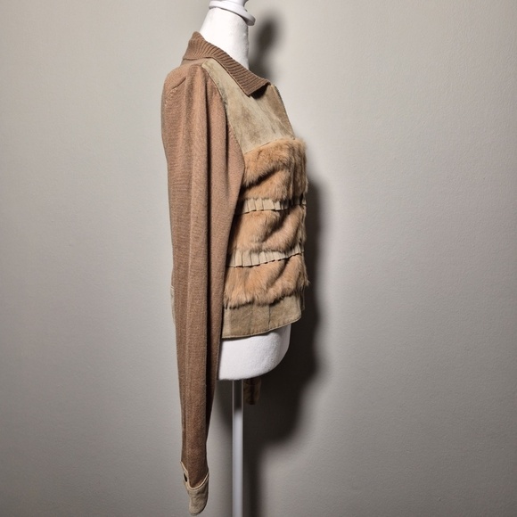 Bebe Vintage Leather Suede & Fur Y2K Collared Knit Bomber Downtown Fall Jacket L - Picture 6 of 9